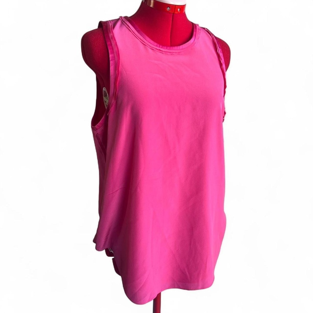 cinq a sept Pink Silk Tank Top With Little Ruffle Detail Around Arms & Neckline